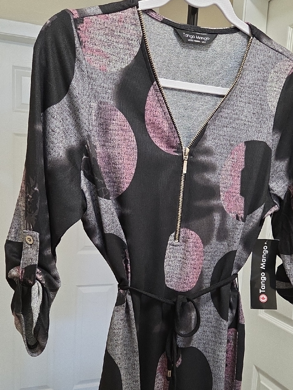NWT Tango Mango Black & Pink Polka Dot Zip-Front Knit Dress 3/4 Sleeve Tie Waist - Picture 4 of 9